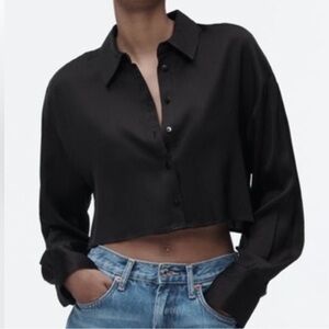 Zara Black Silk Cropped Button-Up